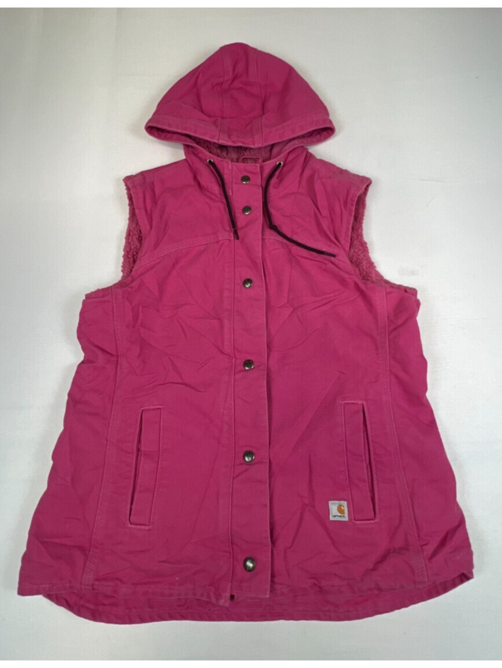 Carhartt Women M Pink Canvas Sherpa Lined Hooded Utility Work Vest Jacket